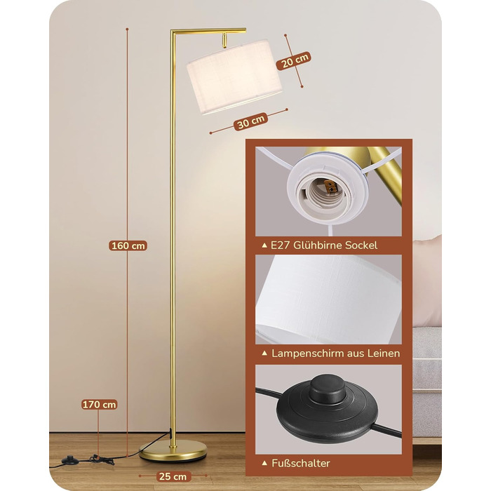 Стійка лампа EDISHINE для вітальні 160 см, аркова лампа сучасного дизайну з регульованим бежевим абажуром з льону, LED E27 лампочка в комплекті, настільна лампа для спальні, дитячої кімнати (Золота)