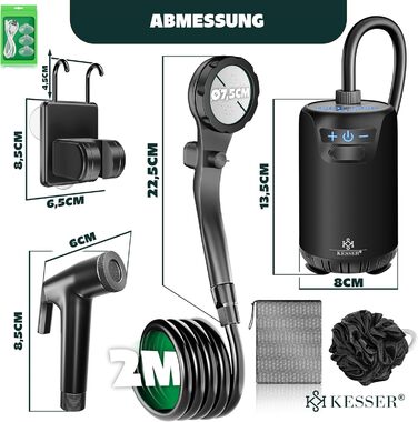 Соняшний душ KESSER® з насосом та акумулятором 8000mAh. Комплект для кемпінгу: 20л бак, регульована насадка, 2м шланг, пістолет-пульверизатор та кріплення.