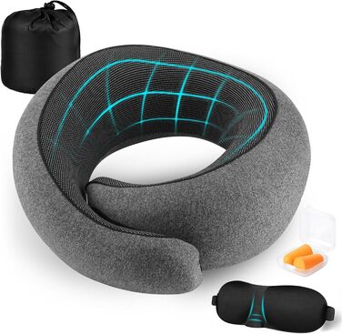 Подушка для шиї у літак, Memory Foam, ортопедична, компактна, для тривалих перельотів. З 3D-маскою для сну та берушами. Ваш незамінний супутник у подорожах