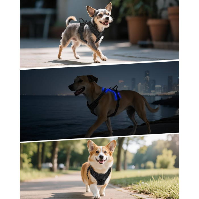 Світловідбиваючий нашийник для собак Joytale з LED, перезаряджуваний, для середніх собак, не тягне, з ручкою, регульований, для нічних прогулянок, чорно-синій, M (1 шт.)