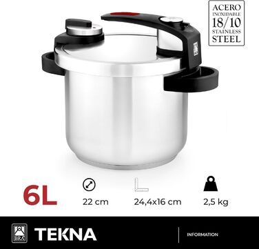 Скороварка BRA Tekna 6 л з легкою відкривною системою, нержавіюча сталь 18/10, 2 програми, підходить для всіх плит