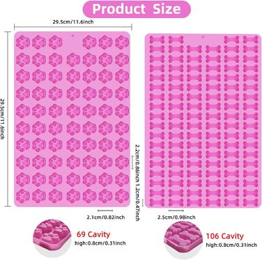 2 Pack Mini Silicone Molds, Cookie Molds for Dog Bones, 69 Cavities, Silicone Mold for Baking Cookies, Biscuits, Candy, Chocolate, Jellies, Dog Treats (Mini Dog Bones + Dog Paw)