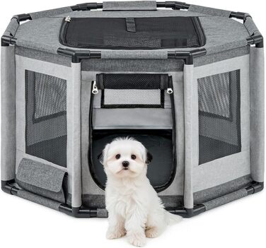 Вольєр для цуценят Lionto з оксфордської тканини, сірий, 112x112x62 см. Атмосферостійкий, з сіткою, блискавкою та кишенею. Підходить для собак та котів.