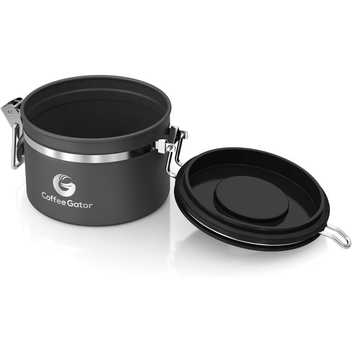 Контейнер для кави Coffee Gator з нержавіючої сталі - зберігає каву свіжою довше. З датою розкриття, CO2-вентилем та мірною ложкою. Маленький, сірий.
