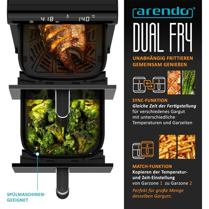 Фритюрниця Arendo XXL Dual Zone з 2 камерами – 11,4 л, 13 програм, 3D циркуляція повітря, BPA-free, функція Sync & Match
