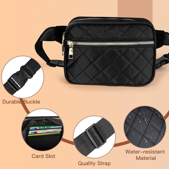 Жіноча бананка Jueachy, сумка через плече, поясна сумка, водонепроникна, чорна, ромбовий візерунок, 4 кишені на блискавці, для активного відпочинку, подорожей, фестивалів