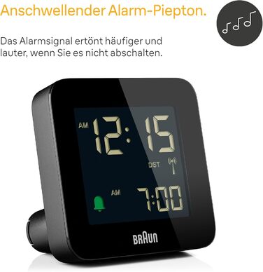 Braun Digital Radio Alarm Clock Central European Time (CET) with Snooze Function, Negative LC Display, Quick Set Function, Crescendo Alarm in Black, Model BC09B-DCF.