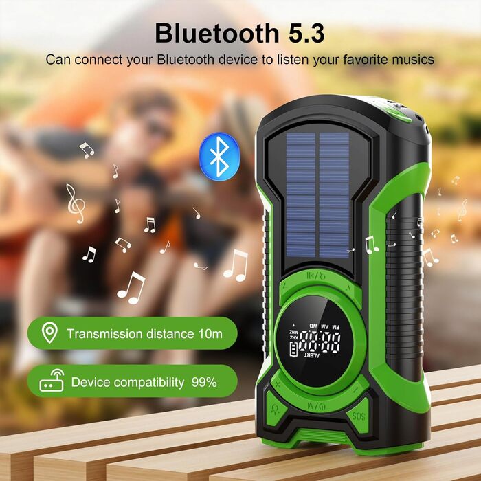 Радіо на сонячній батареї та ручному приводі Gemmac 5000mAh з Bluetooth, USB AM/FM, Power Bank, SOS-сигналом, ліхтариком – для кемпінгу та виживання (Зелений)