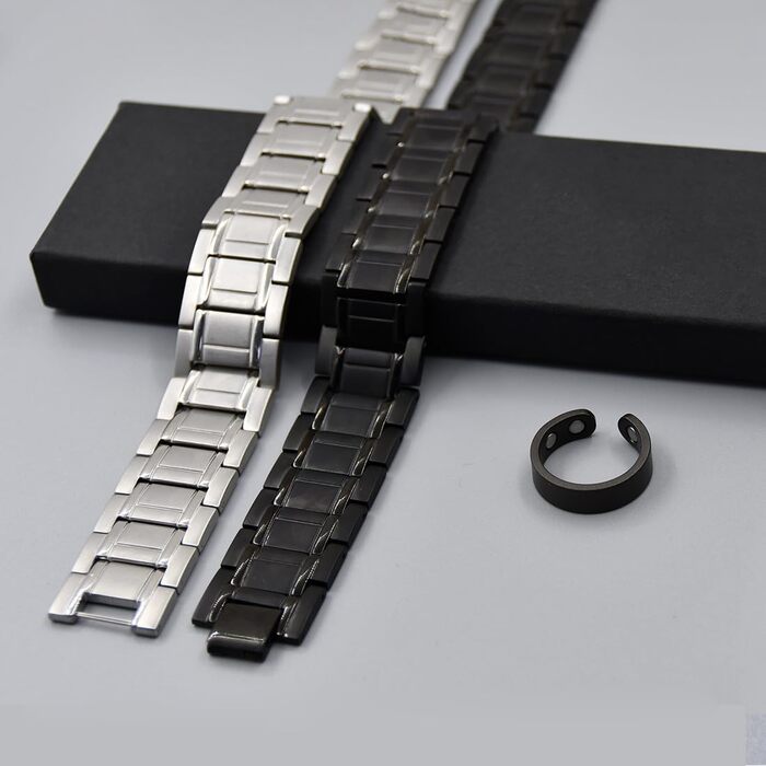 Браслет для лімфодренажу з магнітами для чоловіків, титан, регульований, з інструментом для зняття та подарунковою коробкою (Чорний) (3 ряди срібла)