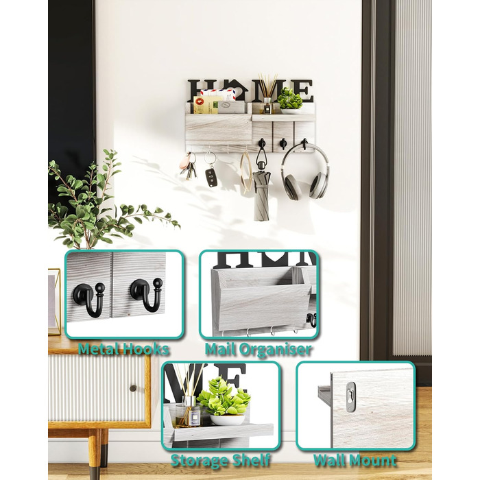 Дерев'яна ключниця HapiRm з декором HOME, 7 гачків, полиця для дрібниць, підходить для прихожої, спальні, офісу (біла)