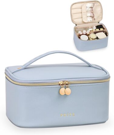 Велика косметичка для жінок, дорожня косметичка з водонепроникної шкіри, косметичний мішечок або сумочка для макіяжу з ручкою та знімним роздільником (Блакитна)