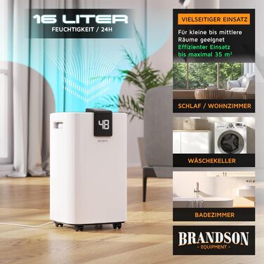 Електричний осушувач повітря Brandson 16L з компресором – 16 літрів/24 години – тихий – дисплей – для спальні, ванної, підвалу