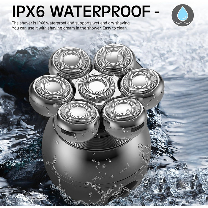 Електричний бритва для голови та бороди Glatzen 5-в-1 з 7 плаваючими головками, IPX6 водонепроникний, тример для носа та вух, LED-дисплей