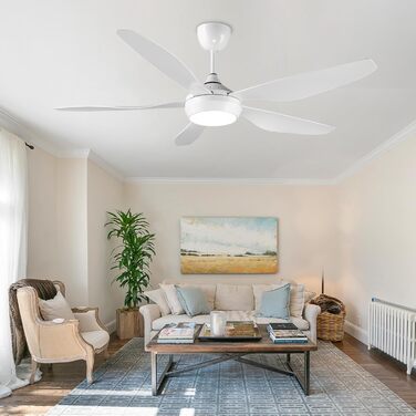 Стеляний вентилятор Reiga з LED-підсвічуванням та пультом керування, 132 см, білий, DC-двигун, тихий, 6 швидкостей, 3 колірні температури, для внутрішнього та зовнішнього використання (5 лопатей, білий)