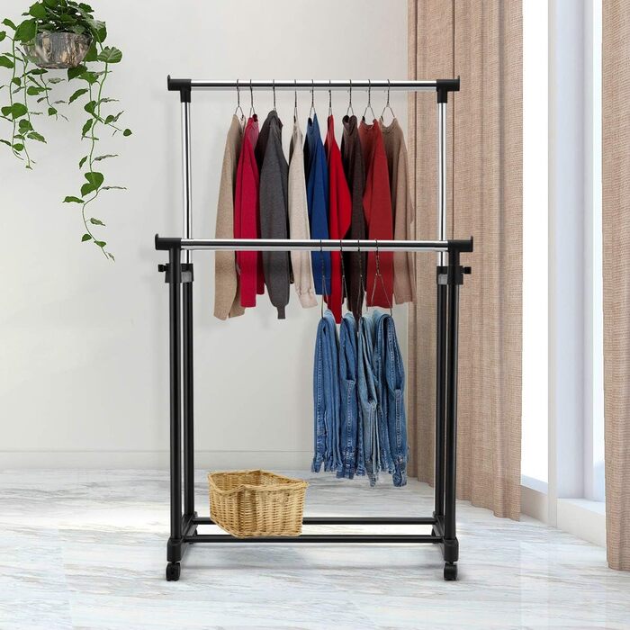 COSTWAY Clothes Rack with 2 Height-Adjustable Clothes Rods, Coat Rack on Wheels, Rolling Wardrobe, Clothes Cart, Stable Clothes Rack, 86 x 43 x 94-168cm, Black