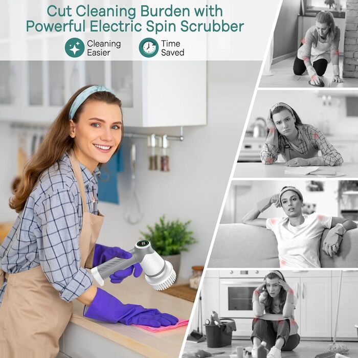 Електрична щітка для прибирання 7 в 1 з регульованою ручкою, змінними насадками, 2 швидкості, для дому, плитки, ванни, білий колір, IPX7