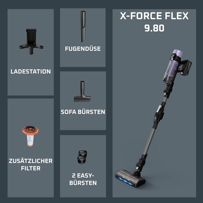Акумуляторний вертикальний пилосос Rowenta X-Force Flex 9.60 Complete RH2099WO (Lavender) з LED-підсвіткою та повним набором насадок, 100 AW