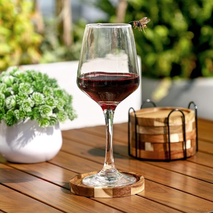 Acacia wood coasters with holder, wooden coaster set for glasses (6-piece), coasters for drinks, bar, cups, glass