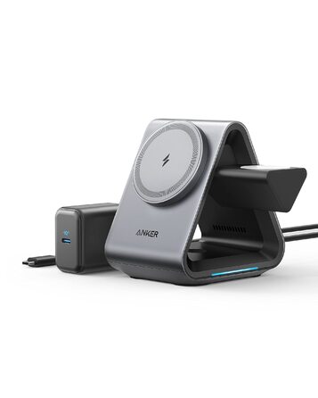 Anker MagGo MagSafe Зарядний пристрій 3-в-1: Швидка зарядка 15 Вт, MFi сертифікація для iPhone 17/16/15, Apple Watch S8/7/6, AirPods 3/Pro (з USB-C адаптером 30 Вт)