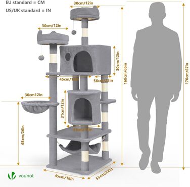 Котячий будиночок Vounot Kratzbaum Kein: стійкий котячий будиночок з платформами, 88 см (сірий, XXL)
