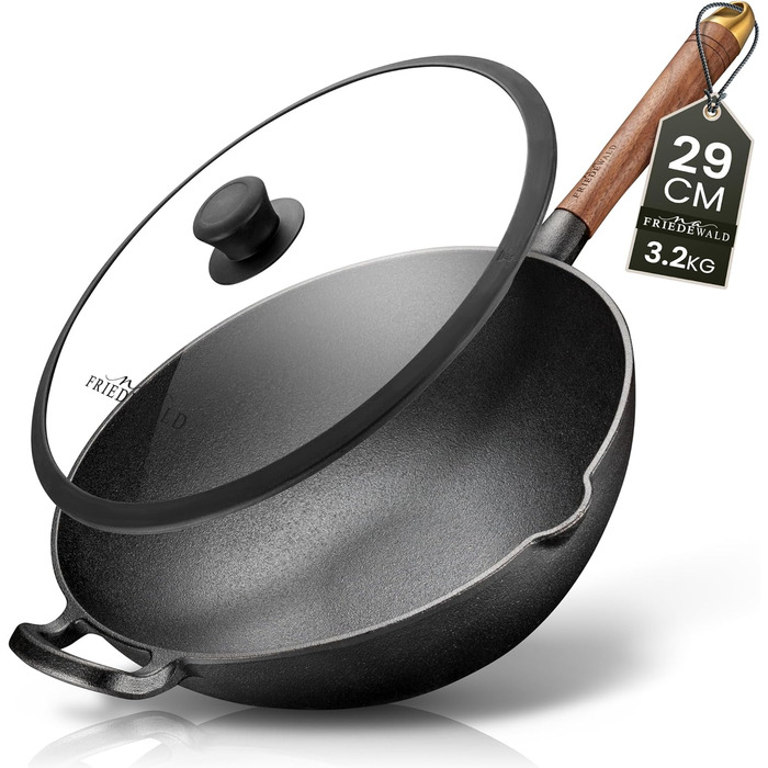 Wok Friedewald з чавуну з кришкою, 33 см, 5 л, антипригарне покриття, для індукції та всіх плит, для 4-6 осіб, глибока сковорода для смаження й тушкування
