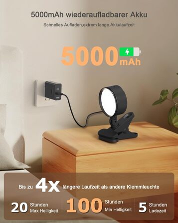 Нічник на ліжко акумуляторний бездротовий з USB-C, 5000mAh, з кліпсою, димуючий сенсорний пульт, 3 кольори, поворотний на 360°, для спальні, кемпінгу, чорний