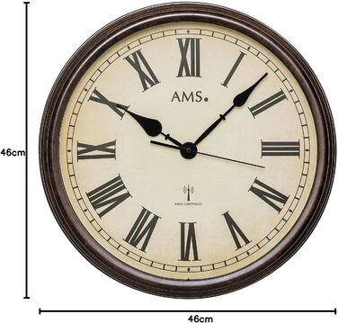 AMS Funk Wall Clock Villach 5977, Vintage, antique metal case, large, for living room, bedroom, with mineral glass