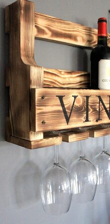 Wooden Wall-Mounted Wine Rack - with Glass Holder and VINO Signage - Charred - Ready to Assemble - Shelf for Wine Bottles and Glasses