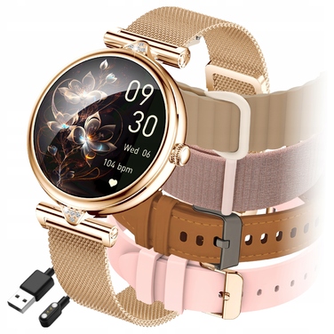 Смарт-годинник Emavo для жінок, AMOLED-дисплей, золотий колір (5 ремінців у комплекті)