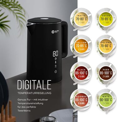 Balter Stainless Steel Kettle with Temperature Setting, 40°C-100°C, Double-Walled, BPA-Free, 1.7L, Black, WK-5-Touch (5 Temperature Levels, LCD)