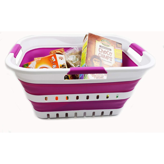 SAMMART 30L Collapsible 3-Handle Plastic Laundry Basket - Foldable Pop-Up Storage Container/Organizer - Portable Wash Basin - Space-Saving Basket/Bin (White/Purple)