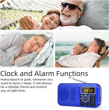 PRUNUS J-725 FM/UKW радіо: цифрове, портативне, з акумулятором 3000mAh, USB/SD/TF/AUX, радіо-годинник, з LED-ліхтариком (блакитне).