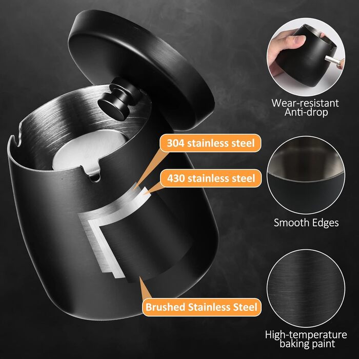 Переносний попільничка з нержавіючої сталі для вулиці з кришкою, 8.5 x 9 см, чорний