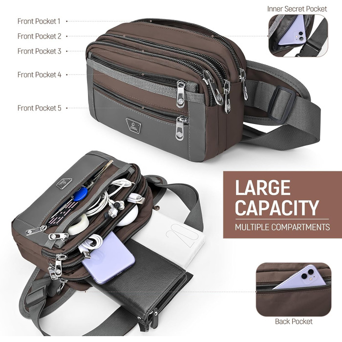 Поясна сумка на пояс для чоловіків та жінок з 7 кишенями на блискавці. Ідеальна для спорту, фітнесу, бігу, велоспорту, подорожей та кемпінгу. Колір: кавовий