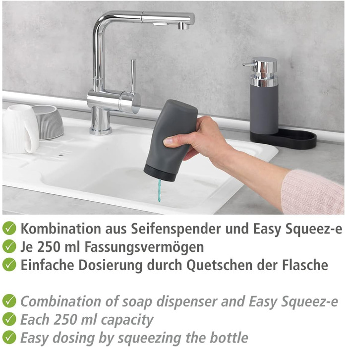WENKO Easy Squeez-e Dish Station Grey, Soap Dispenser and Dish Soap Dispenser, 0.25 l