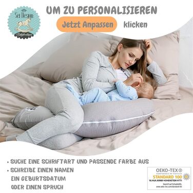 Подушка для годування sei Design XXL 190x30 з мусліновою наволочкою, ергономічна, для вагітних, для сну на боці, комфортна подушка для дорослих, наволочка з 100% бавовни [органічна бавовна] (персоналізований бежевий смугастий, подушка для годування 190x30