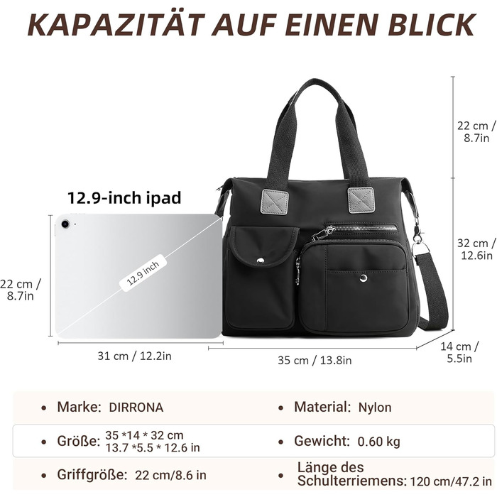 Сумка жіноча DIRRONA велика – містка сумка-шопер для міста, роботи, університету та подорожей, знімний ремінь, чорна