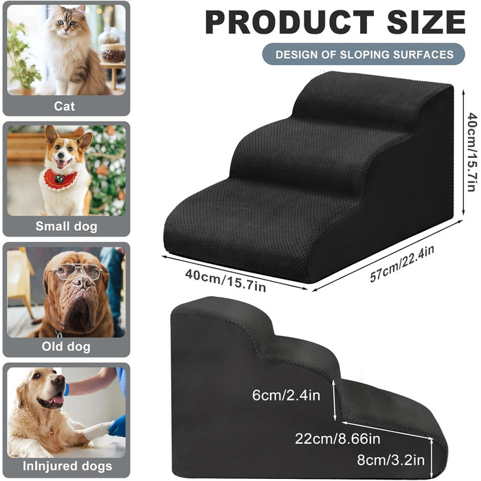 Сходинки для собак Mozvvco: 3 сходинки для маленьких собак, знімний чохол, чорний колір