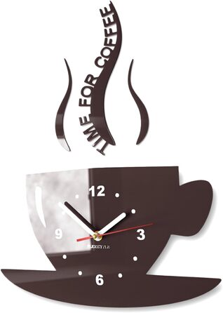 FLEXISTYLE Coffee Time Mug Clock, Modern Kitchen Wall Clock, 3D Roman, Wall Clock Decoration, 32 x 19 cm (32 x 19 cm, Dark Brown (Wenge))