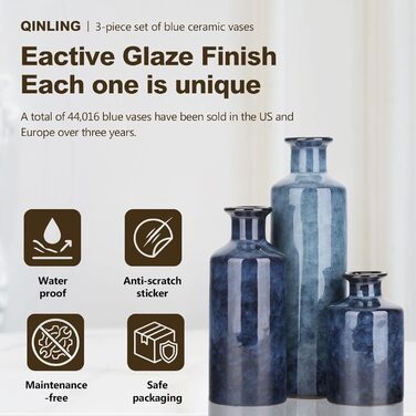 Набір керамічних ваз блакитного кольору – 3 шт. Вази у стилі фермерського будинку, декор для дому, вітальні, столу, каміну та входу