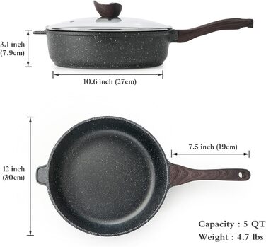 Сковорода з антипригарним покриттям Kordisen з кришкою, 30 см. Велике гранітне покриття, сумісна з індукцією, здорове кам'яне посуд, без PFOA. Класична гранітна сковорода 30 см