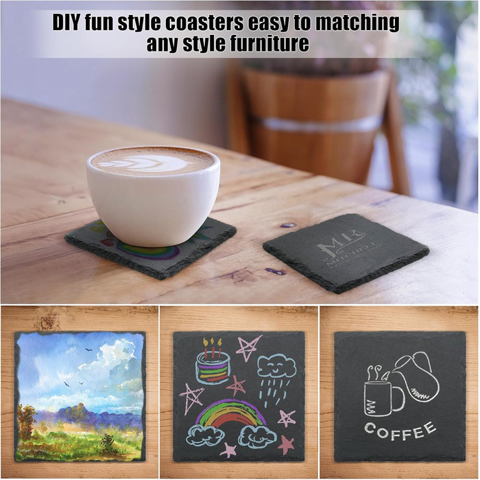 24 Round Slate Coasters, VIBRATITE 10.2 cm, Black Slate Coasters with Scratch-Resistant Bottom for Drinks, Bar, Kitchen, Home Decor (6 Piece Square)
