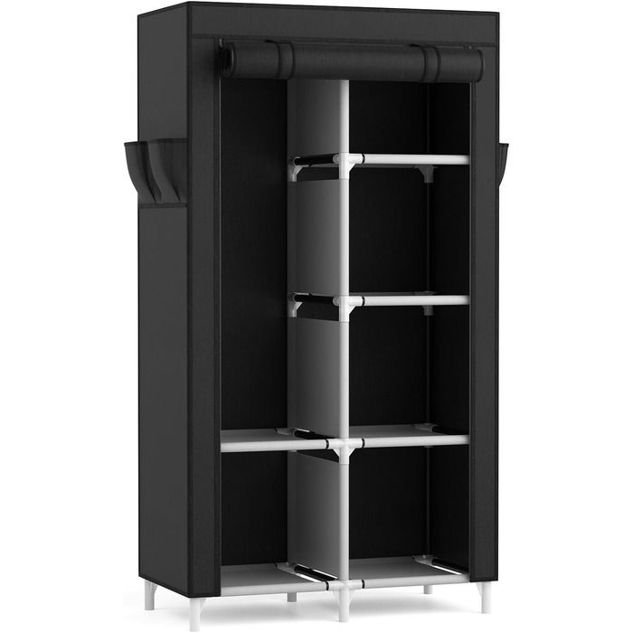 Wardrobe, Portable Fabric Clothes Closet with Clothes Rod, 6 Shelves, 4 Side Pockets, and Cover, Sturdy Clothes Racks for Bedroom Dressing Room (Black, 84 x 42 x 162 cm)