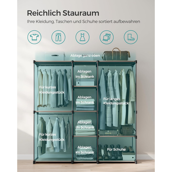 SONGMICS Шафа для одягу, вішалка для одягу, окрема гардеробна, з вішалкою для одягу, вішалка для одягу, полиці з тканини, металевий каркас, 182 x 43 x 182 см, RYG037B02 (Taupe)