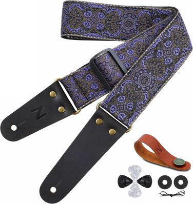 Гітарний ремінь Nefelibata Vintage з вишивкою, з натуральною шкіряною обробкою. Підходить для бас-гітари, електрогітари та акустичної гітари. У комплекті: кнопка для ременя, 2 фіксатори та 4 медіатори. Колір: аметистовий (#lila)