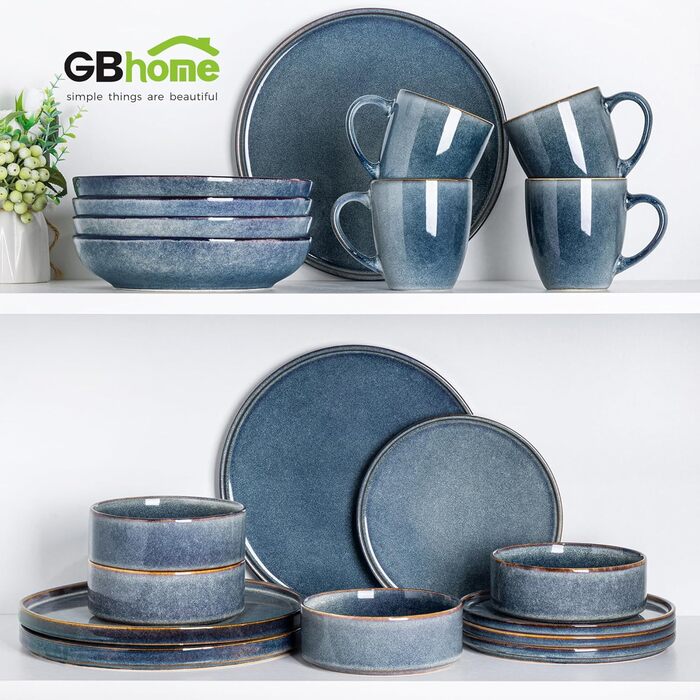Набір посуду GBHOME для 4 осіб: 12 предметів, керамічний, з реактивною глазур'ю, стійкий до подряпин, для щоденного використання, безпечний у посудомийній машині та мікрохвильовці
