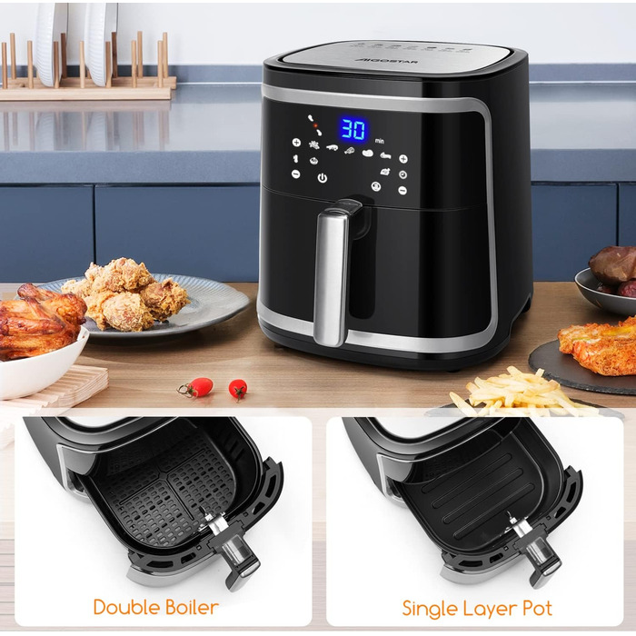 Aigostar Cube - 7L XXL Hot Air Fryer, 1900W Air Fryer, 7 Programs, Keep Warm, 20 Recipes, Oil-Free, for 6-10 People, Air Fryer with Digital LED Touchscreen, Black