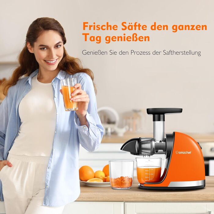 AMZCHEF Juicer for Vegetables and Fruits - Test Winner - Slow Juicer with Reverse-Masticating Function - Gentle Crushing Without Filtering - Electric Juice Press with Brush and 2 Cups - Orange