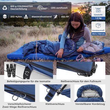 Спальний мішок ATEPA Elements Daunen 0°C, 3-в-1, ультралегкий, прямокутний, комфорт 4°C / ліміт -1°C, з компресійним мішком, для походів, кемпінгу та рюкзакових подорожей, Navy