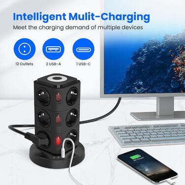 Багаторозеткова станція Acodot Tower з USB, 12 розеток, захист від перенапруги, 4 вимикачі, нічник, 3 USB-порти, кабель 3м, 2500W, для офісу, білий/чорний